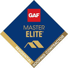 GAF Master Elite roofing contractor certification badge with red logo and gold accents on dark blue diamond shape