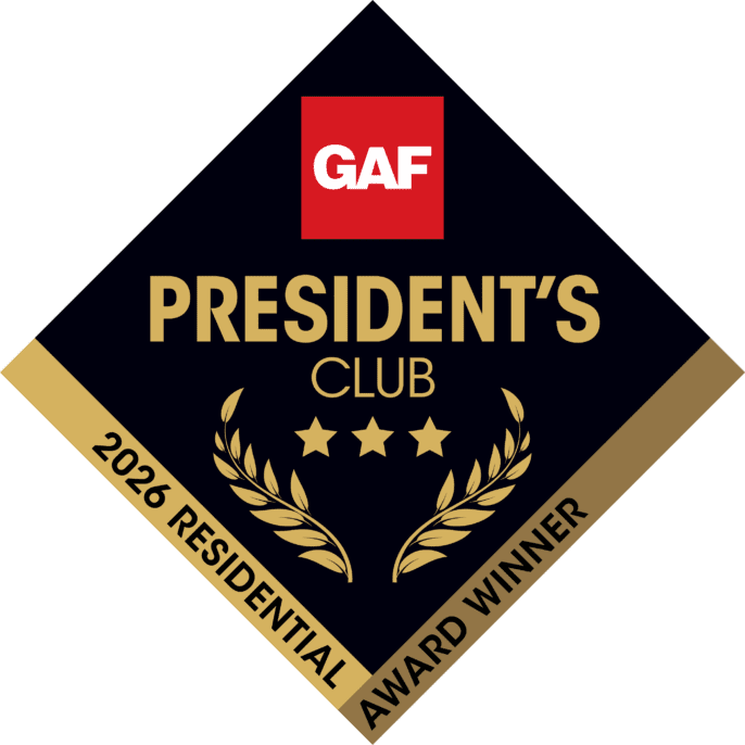 GAF President's Club 2026 Residential Award Winner badge with three gold stars and laurel wreath design