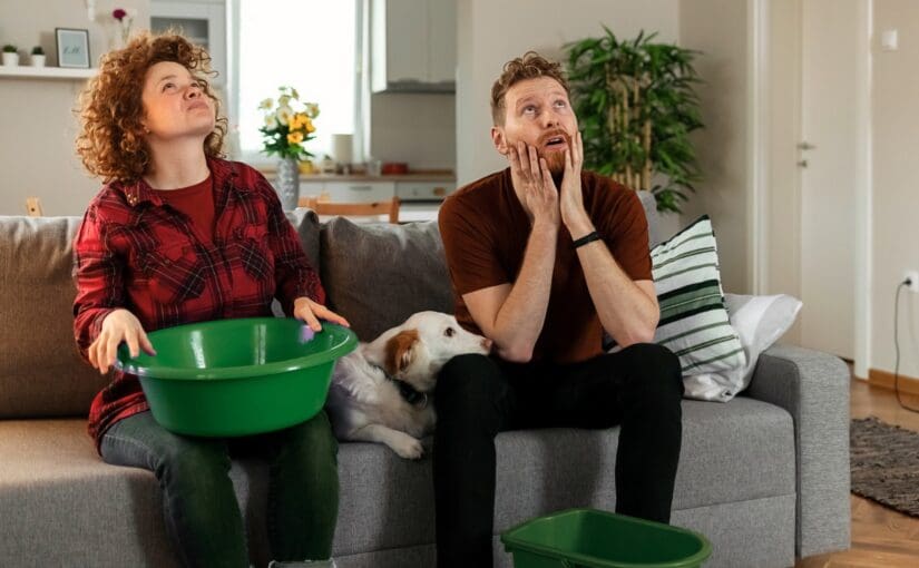 Couple sitting on couch with dog and green buckets, looking concerned about water damage indoors