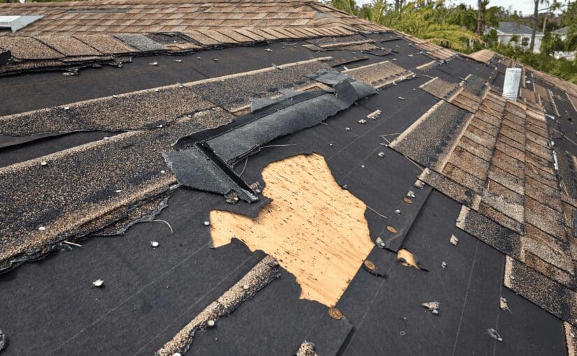 Severe roof damage showing exposed wood decking and torn shingles from wind and storm damage requiring roof repair and replacement by a roofing contractor